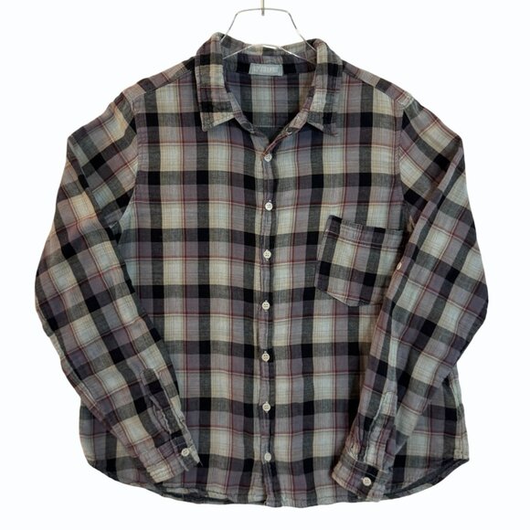 CP Shades Jay Plaid Button-Up Shirt Womens L Rolled Tab Sleeves Gray Cotton - Picture 1 of 13